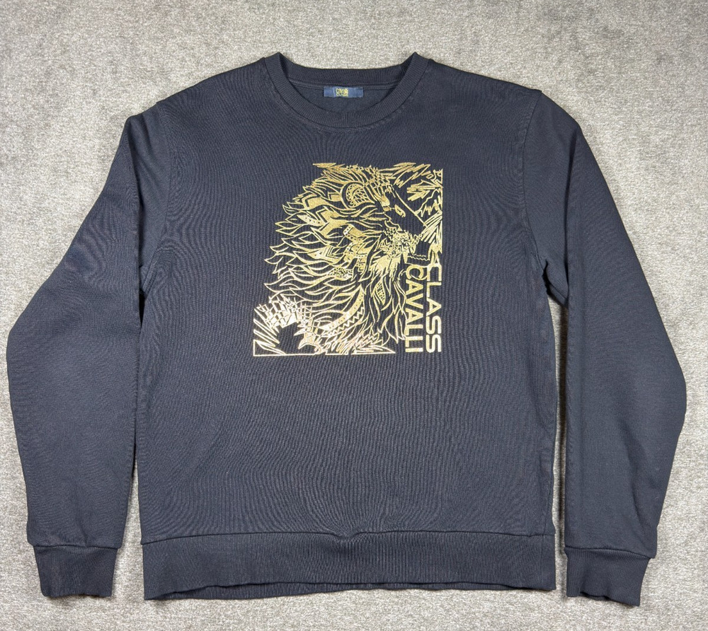 Roberto Cavalli Class Mens L Sweatshirt Black Gold Lion Graphic Print Crewneck